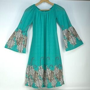 Shoreline Bell Sleeve Midi Dress Womens Small Boho Cottage Bohemian Peasant Teal